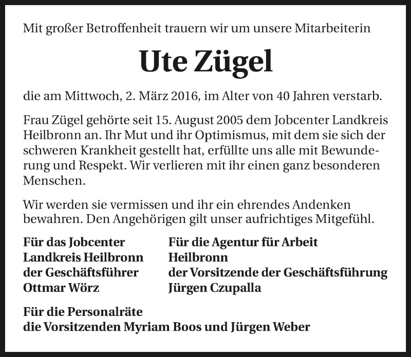  Traueranzeige für Ute Zügel vom 08.03.2016 aus 