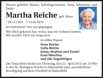 Traueranzeige von Martha Reiche 