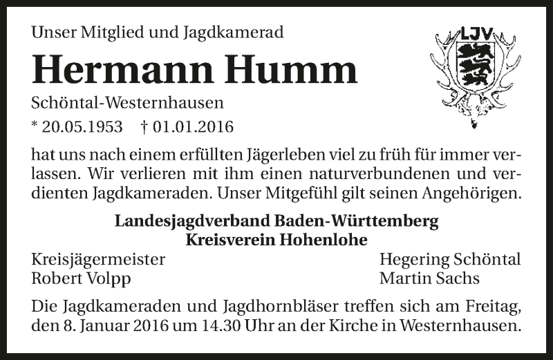  Traueranzeige für Hermann Humm vom 05.01.2016 aus 