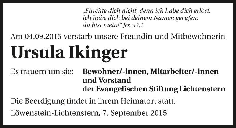  Traueranzeige für Ursula Ikinger vom 08.09.2015 aus 