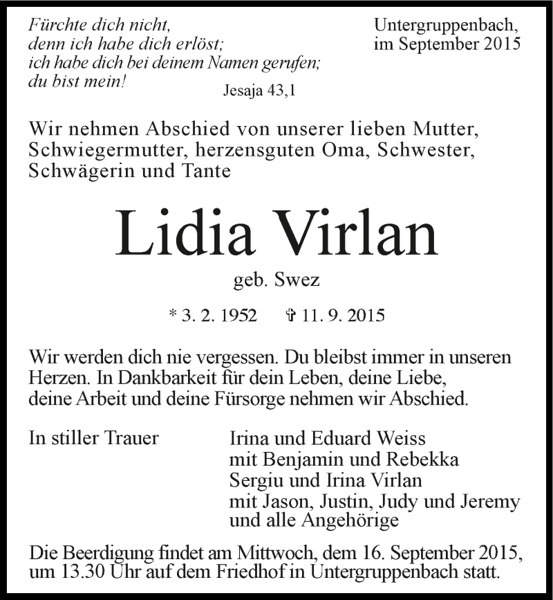  Traueranzeige für Lidia Virlan vom 14.09.2015 aus 