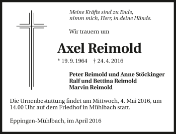 Traueranzeige von Axel Reimold 