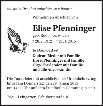 Traueranzeige von Elise Pfenninger 