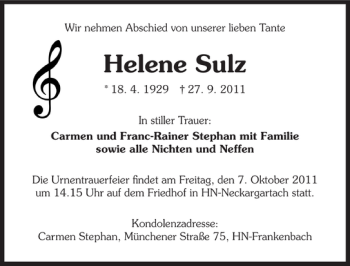 Traueranzeige von Helene Sulz 