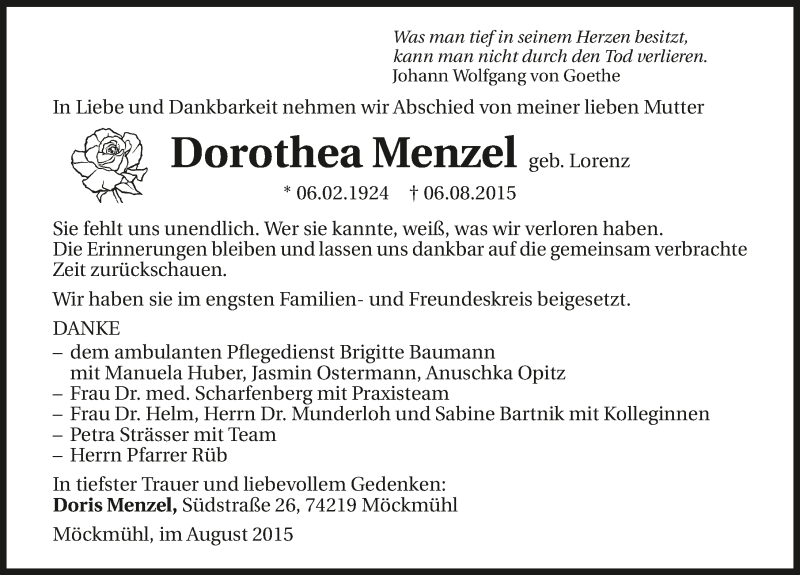  Traueranzeige für Dorothea Menzel vom 25.08.2015 aus 