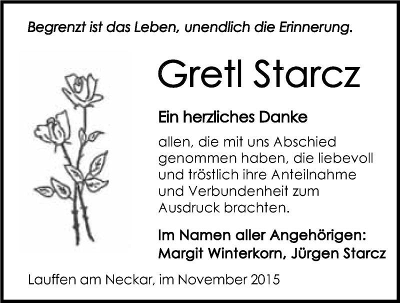  Traueranzeige für Gretl Starcz vom 13.11.2015 aus 