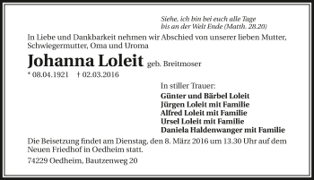 Traueranzeige von Johanna Loleit 