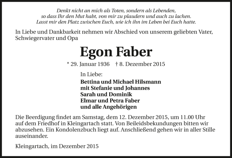  Traueranzeige für Egon Faber vom 11.12.2015 aus 