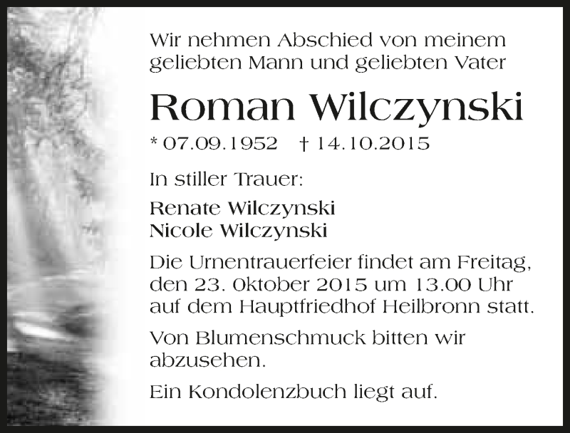  Traueranzeige für Roman Wilczynski vom 21.10.2015 aus 