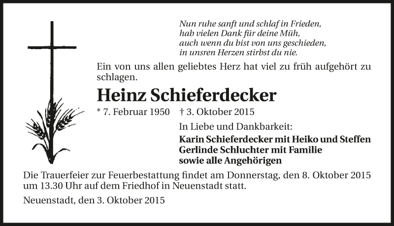  Traueranzeige für Heinz Schieferdecker vom 06.10.2015 aus 