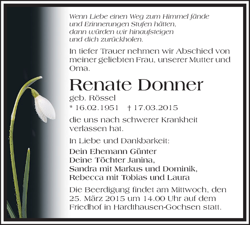  Traueranzeige für Renate Donner vom 21.03.2015 aus 