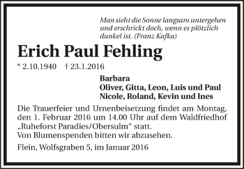 Traueranzeige von Erich Paul Fehling 