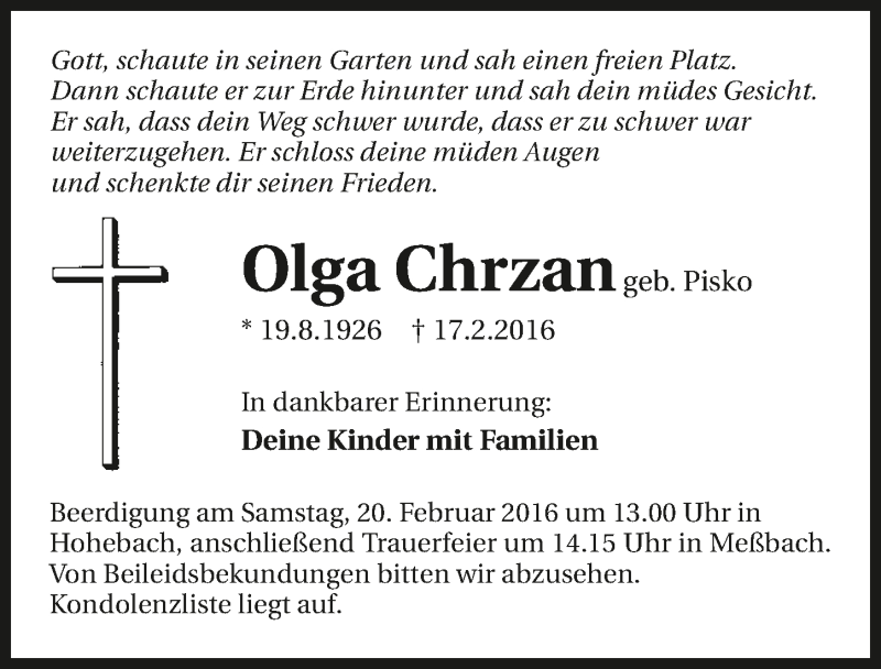  Traueranzeige für Olga Chrzan vom 19.02.2016 aus 