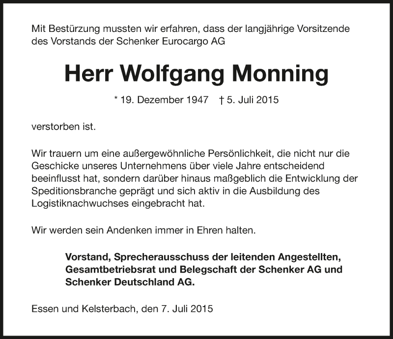  Traueranzeige für Wolfgang Monning vom 08.07.2015 aus 