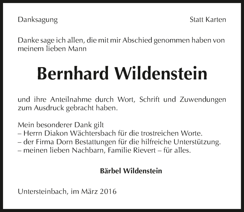  Traueranzeige für Bernhard Wildenstein vom 10.03.2016 aus 