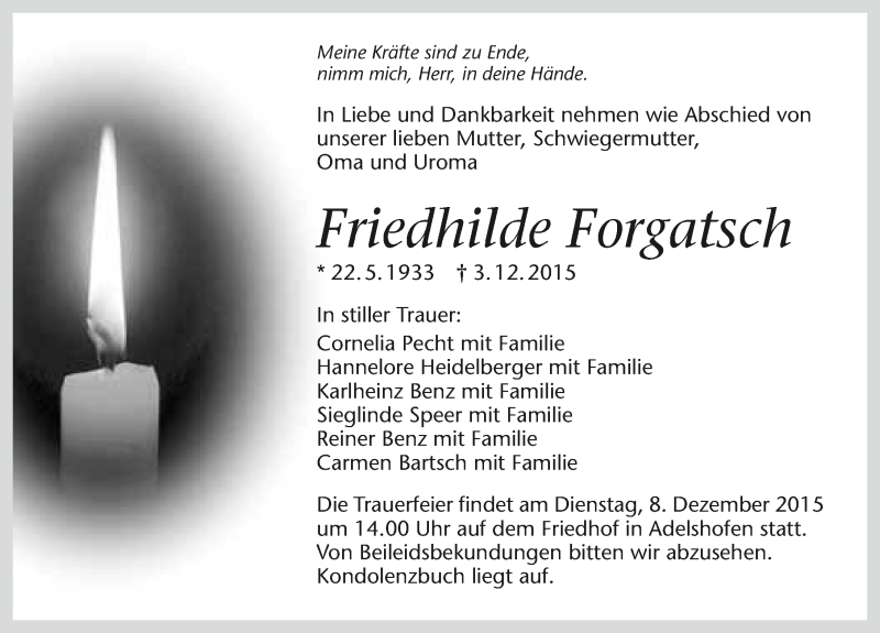  Traueranzeige für Friedhilde Forgatsch vom 05.12.2015 aus 