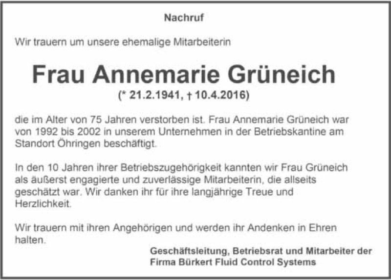  Traueranzeige für Annemarie Grüneich vom 15.04.2016 aus 