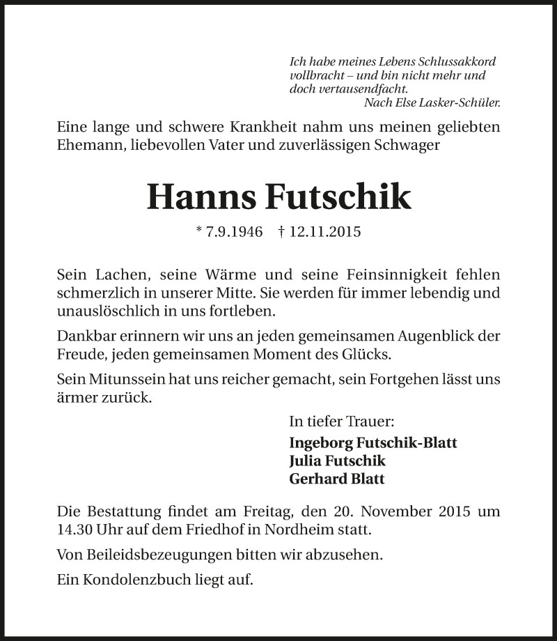  Traueranzeige für Hanns Futschik vom 17.11.2015 aus 