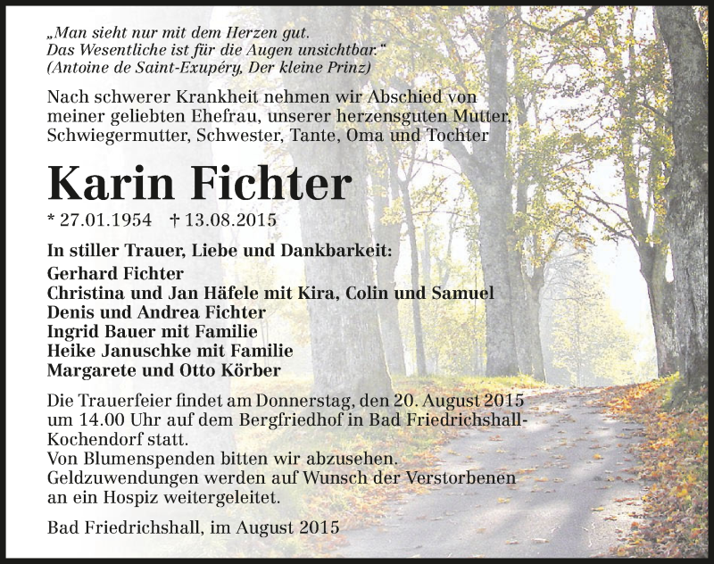  Traueranzeige für Karin Fichter vom 15.08.2015 aus 