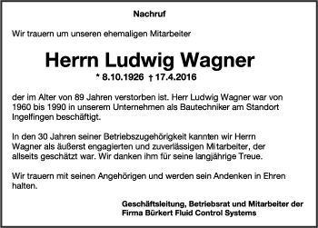 Traueranzeige von Ludwig Wagner