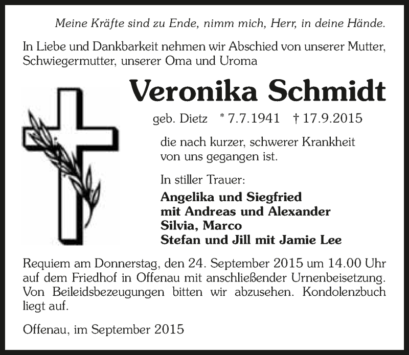  Traueranzeige für Veronika Schmidt vom 22.09.2015 aus 