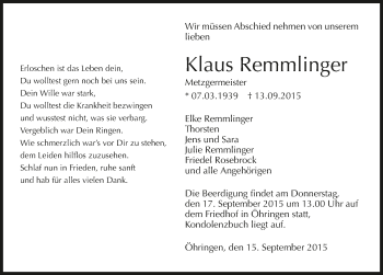 Traueranzeige von Klaus Remmlinger 