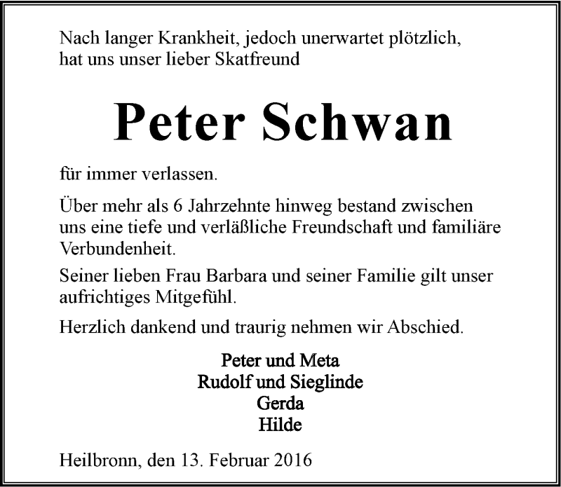  Traueranzeige für Peter Schwan vom 13.02.2016 aus 