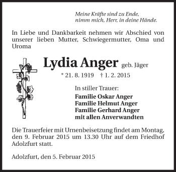 Traueranzeige von Lydia Anger 