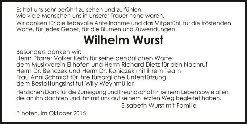  Traueranzeige für Wilhelm Wurst vom 24.10.2015 aus 
