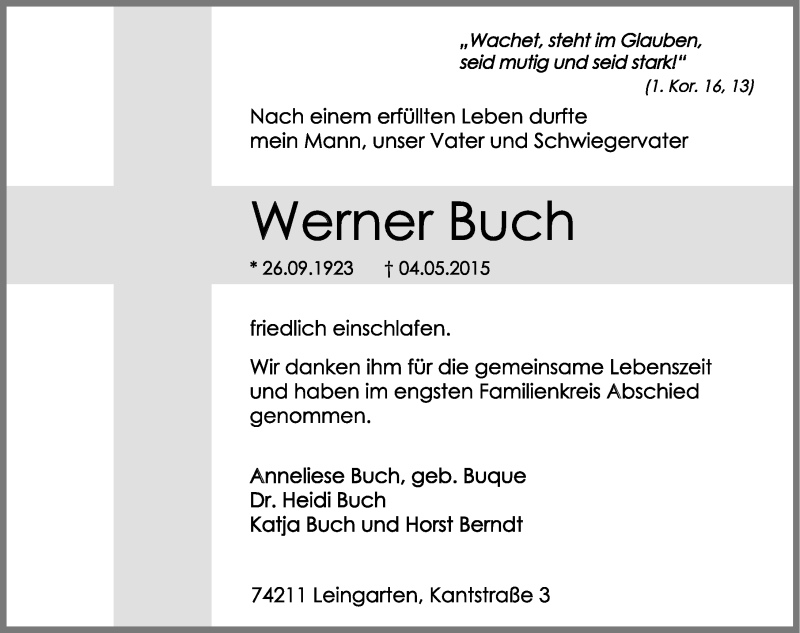  Traueranzeige für Werner Buch vom 12.05.2015 aus 