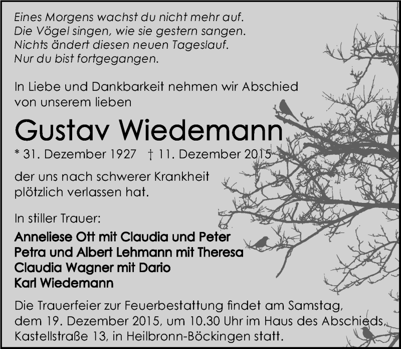  Traueranzeige für Gustav Wiedemann vom 15.12.2015 aus 