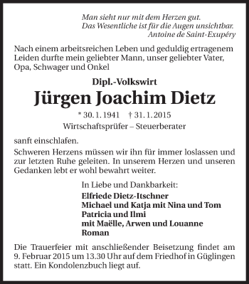 Traueranzeige von Jürgen Joachim Dietz 