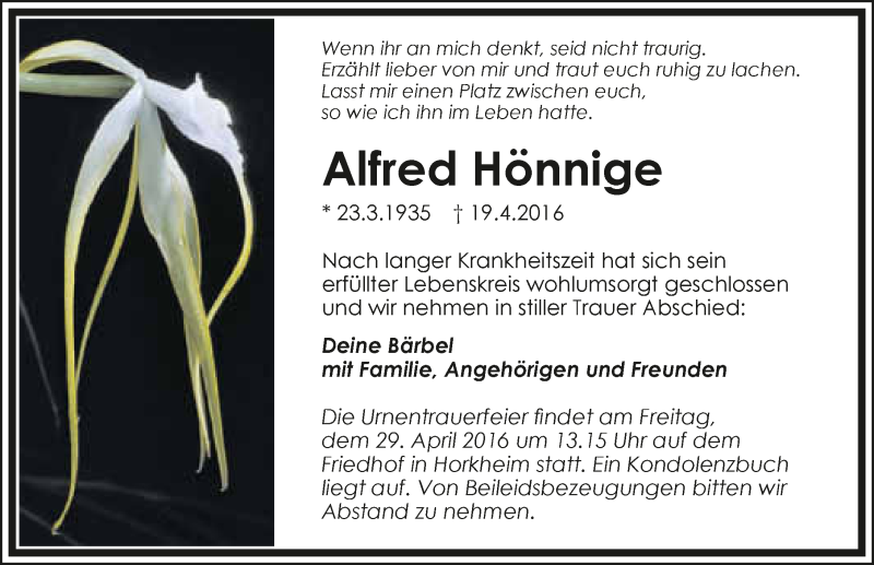  Traueranzeige für Alfred Hönnige vom 22.04.2016 aus 