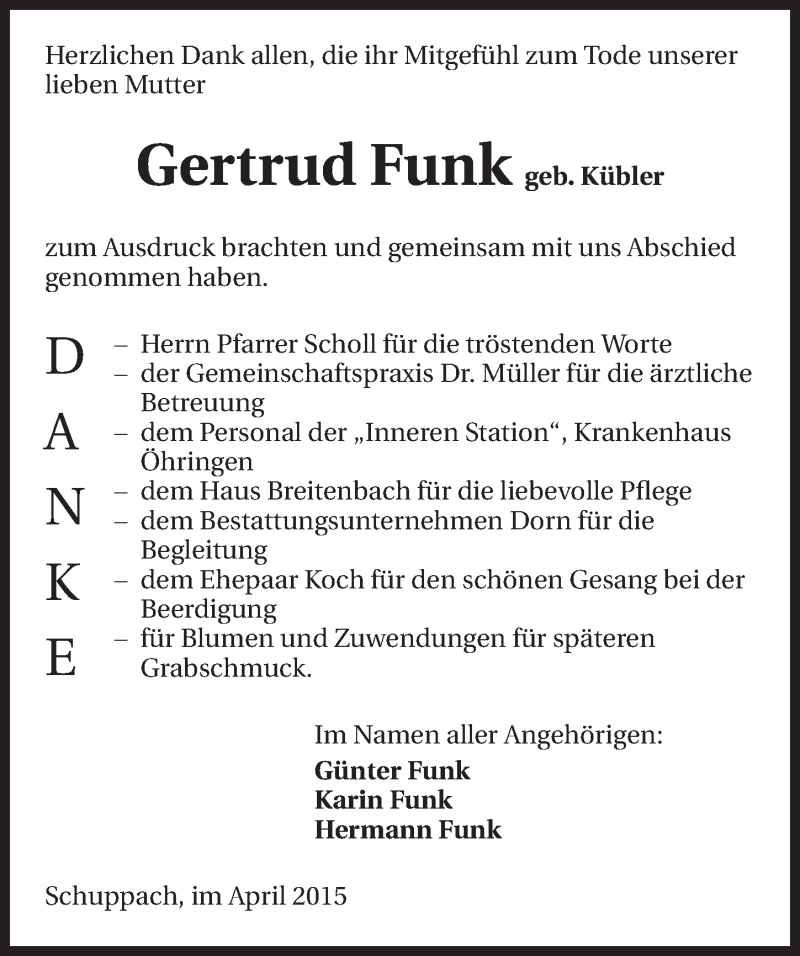  Traueranzeige für Gertrud Funk vom 18.04.2015 aus 