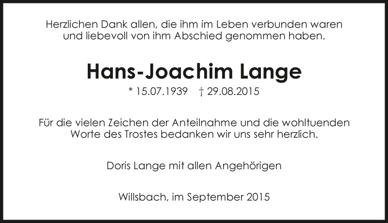  Traueranzeige für Hans-Joachim Lange vom 16.09.2015 aus 