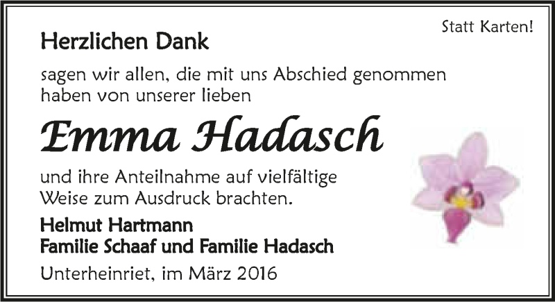  Traueranzeige für Emma Hadasch vom 24.03.2016 aus 