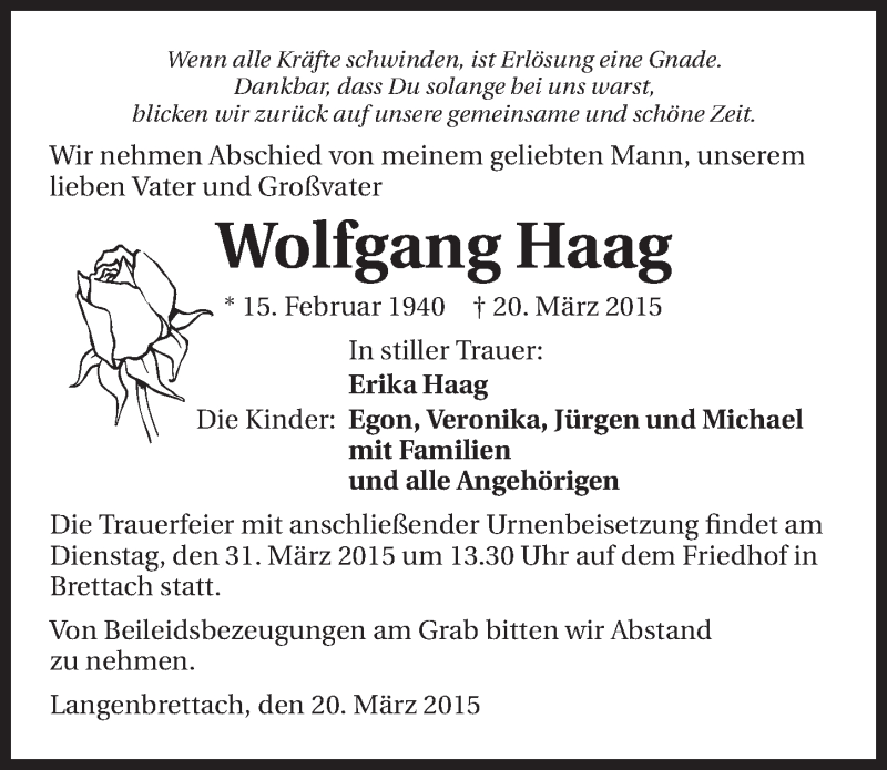  Traueranzeige für Wolfgang Haag vom 28.03.2015 aus 
