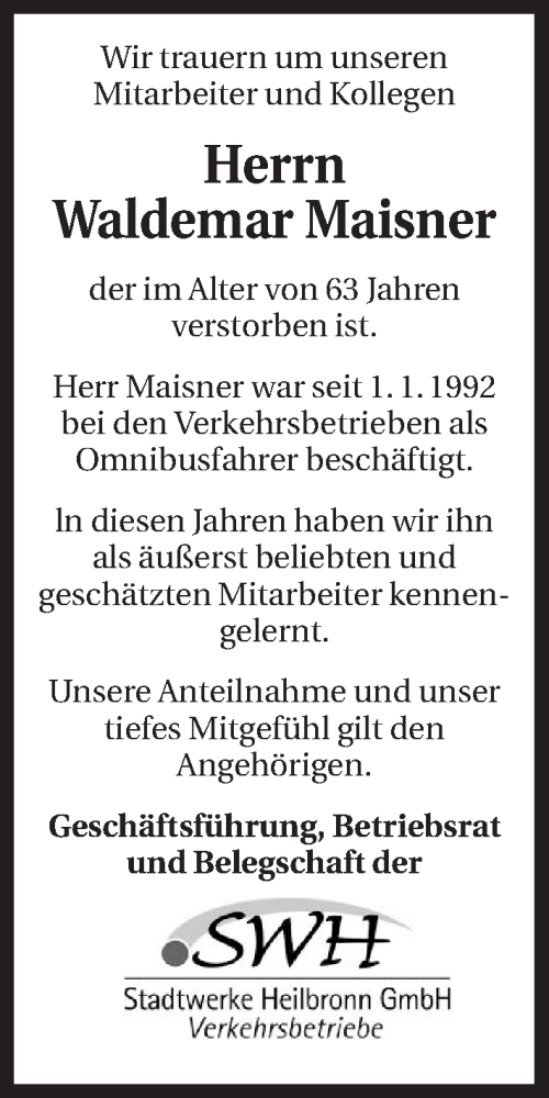  Traueranzeige für Waldemar Maisner vom 15.05.2015 aus 