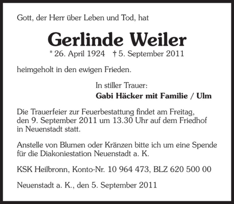  Traueranzeige für Gerlinde Weiler vom 07.09.2011 aus 