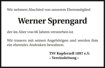 Traueranzeige von Werner Sprengard 