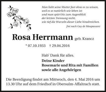 Traueranzeige von Rosa Herrmann 