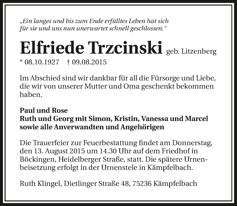  Traueranzeige für Elfriede Trzcinski vom 10.08.2015 aus 