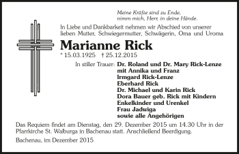 Traueranzeige von Marianne Rick 