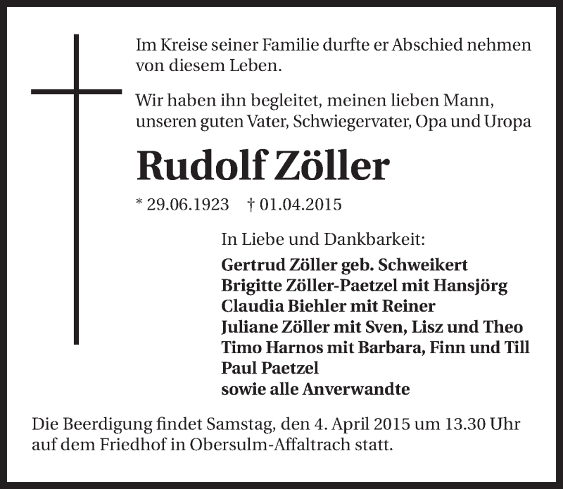  Traueranzeige für Rudolf Zöller vom 04.04.2015 aus 