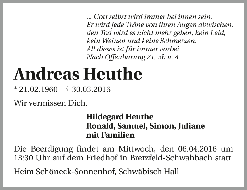  Traueranzeige für Andreas Heuthe vom 05.04.2016 aus 