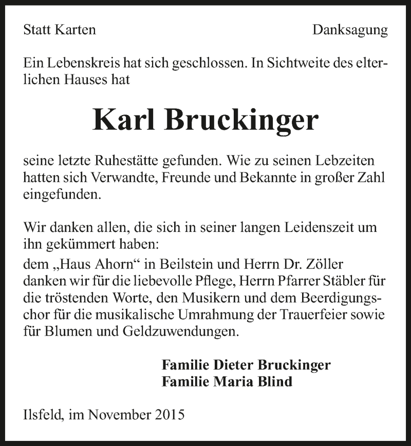  Traueranzeige für Karl Bruckinger vom 07.11.2015 aus 
