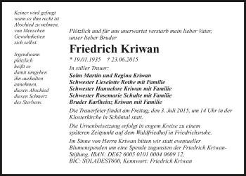Traueranzeige von Friedrich Kriwan 