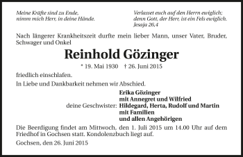 Traueranzeige von Reinhold Gözinger 