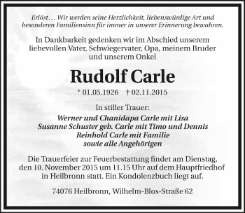 Traueranzeige von Rudolf Carle 