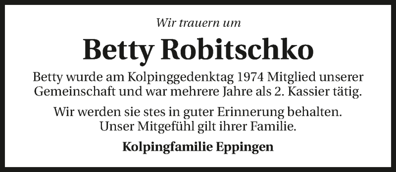  Traueranzeige für Betty Robitschko vom 16.10.2015 aus 